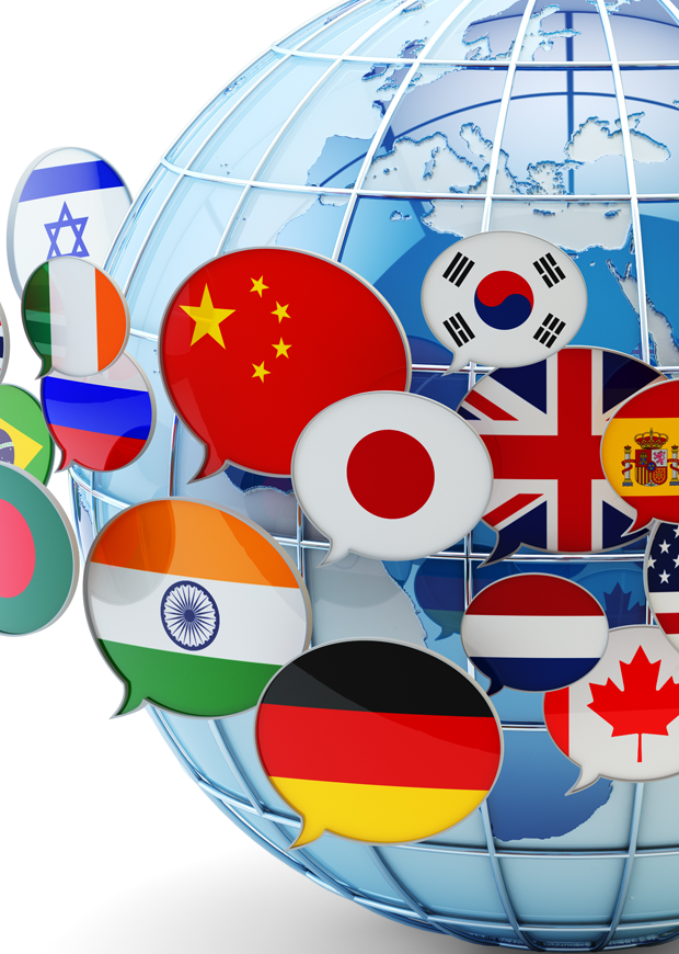 Close up image of the world surrounded by orbiting speech bubbles showing different flags