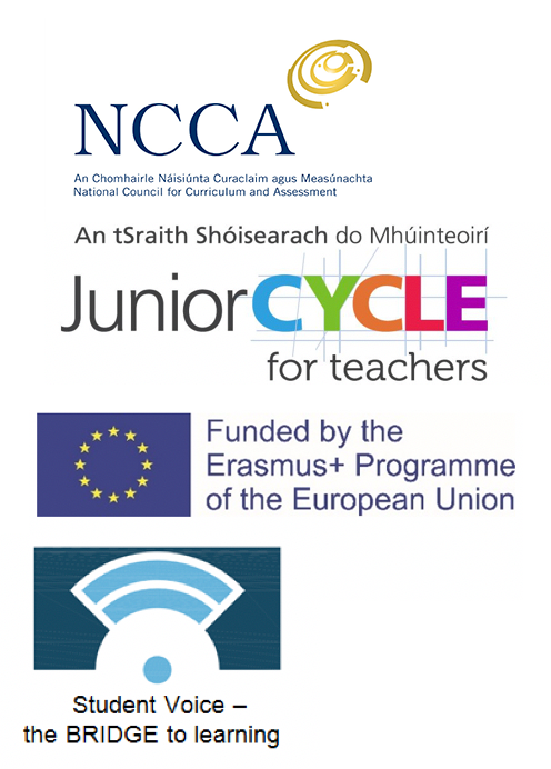 Four logos stacked: NCCA, Junior Cycle for teachers, Erasmus programme and Student Voice logo