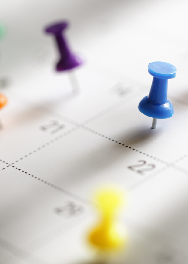 Coloured pins stuck in various dates on a calendar