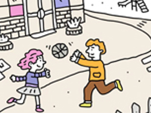 Illustration of two children playing ball outside