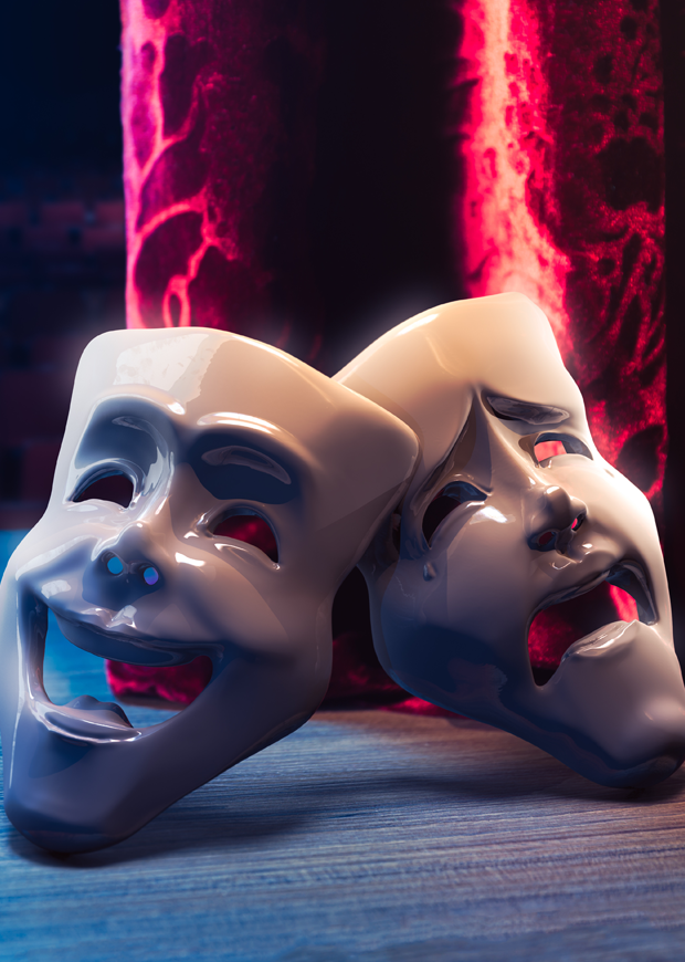 Portrait shot of comedy and tragedy ceramic masks